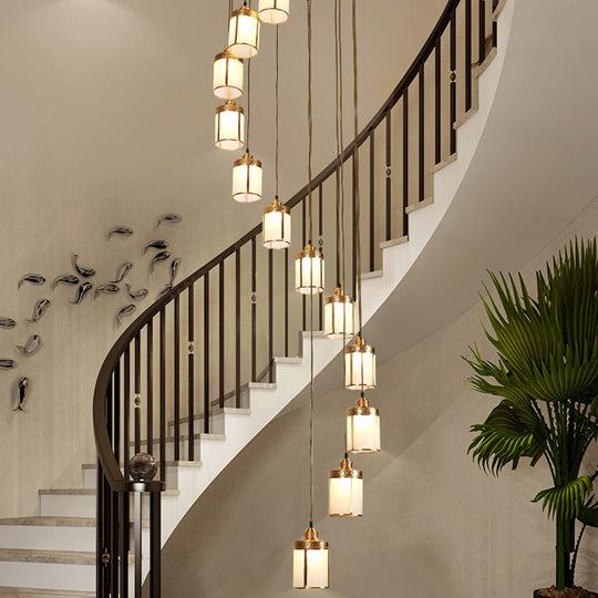 Cylindrical Multi-Ceiling Artistic Light with Frost Glass and Brass Suspension for Staircases