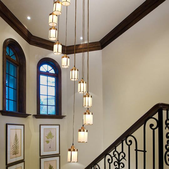 Cylindrical Multi-Ceiling Artistic Light with Frost Glass and Brass Suspension for Staircases