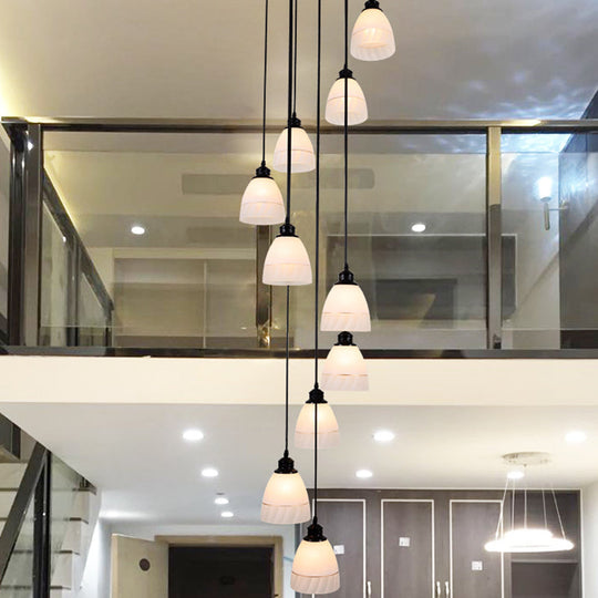 Contemporary White Glass Staircase Pendant Light With 10 Heads In Black