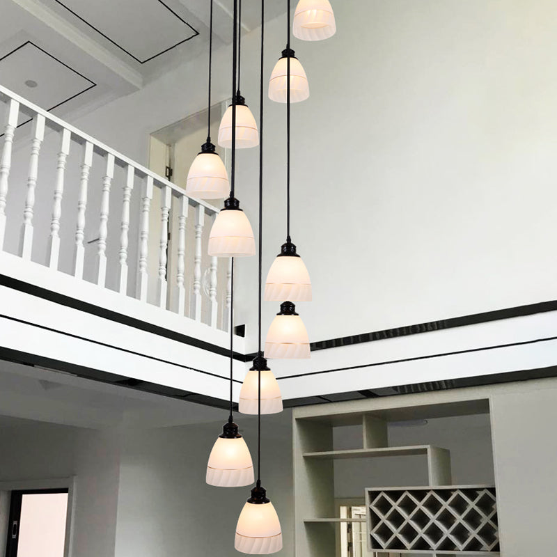 Contemporary White Glass Bell Suspension Light - 10-Head Staircase Multi Light Pendant in Black