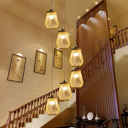 Bamboo Pear-Shaped Multi-Light Pendant: Modern Wood Staircase Lighting