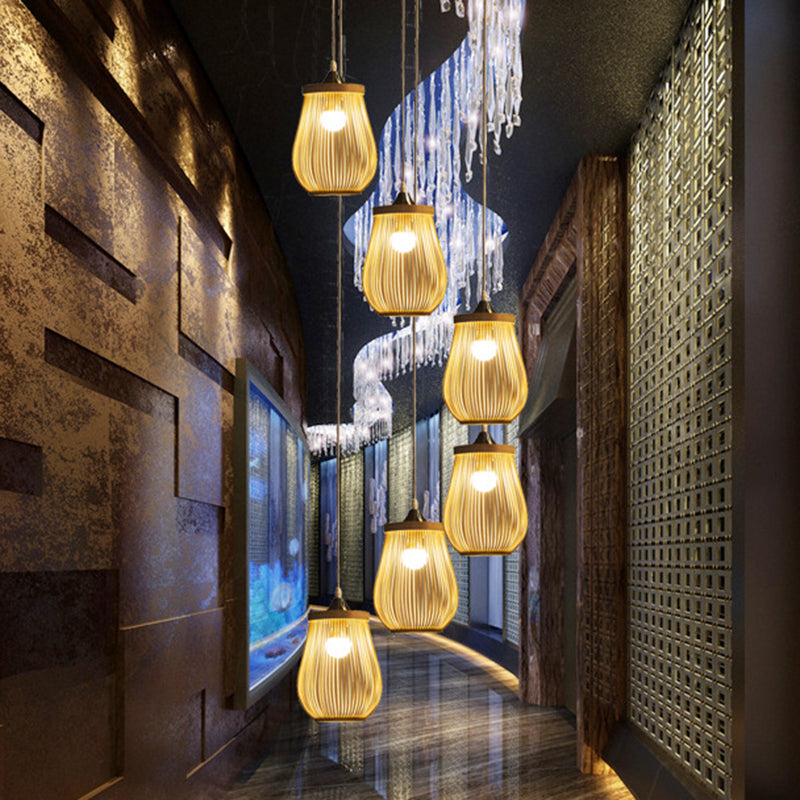 Bamboo Pear-Shaped Multi-Light Pendant: Modern Wood Staircase Lighting