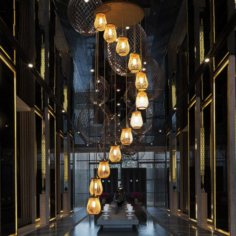 Modern Bamboo Pear Pendant Light for Staircase - Wood Hanging Lighting