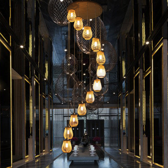 Modern Bamboo Pear Pendant Light for Staircase - Wood Hanging Lighting