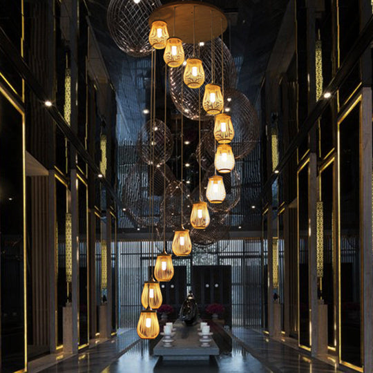 Bamboo Pear-Shaped Multi-Light Pendant: Modern Wood Staircase Lighting 12 /
