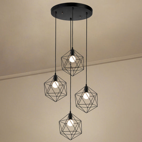 Metallic Geometric Cage Ceiling Light Fixture For Staircase Suspension 4 / Black A