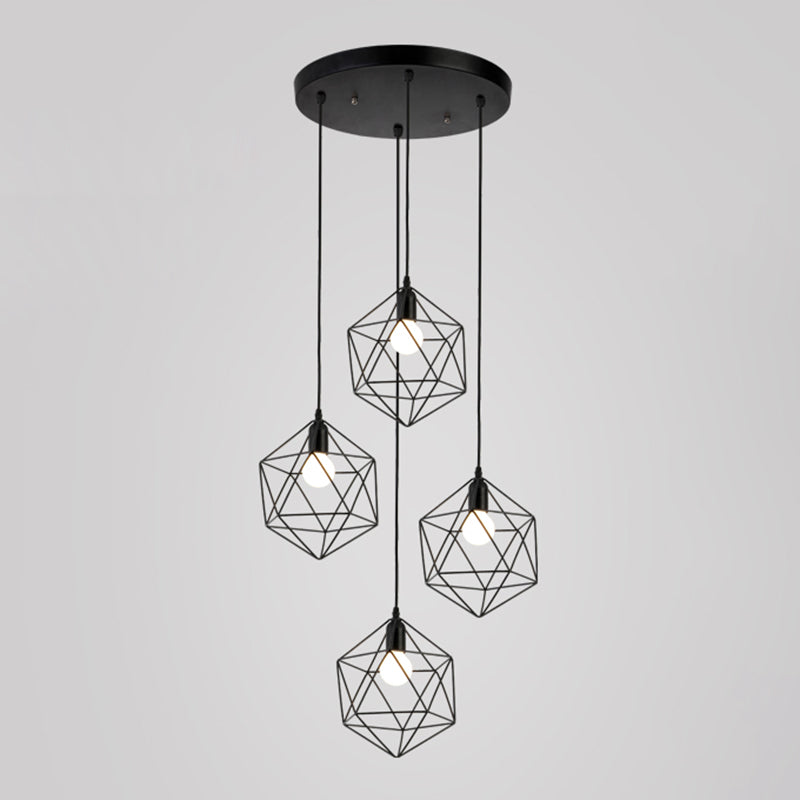 Metallic Geometric Cage Ceiling Light Fixture For Staircase Suspension
