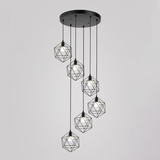 Metallic Geometric Cage Ceiling Light Fixture For Staircase Suspension 6 / Black A