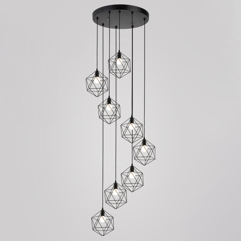 Metallic Geometric Cage Ceiling Light Fixture For Staircase Suspension 8 / Black A