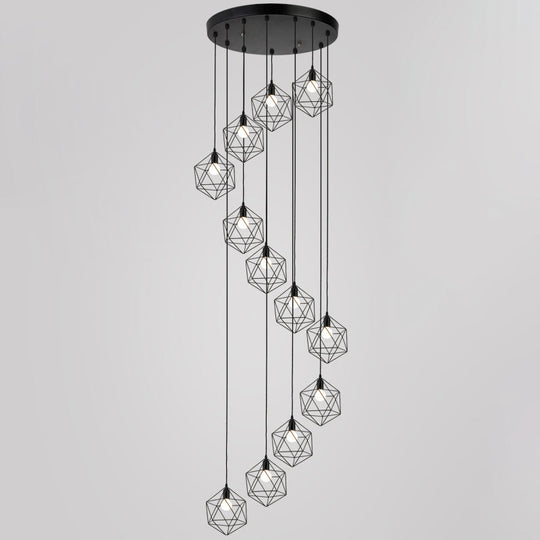Metallic Geometric Cage Ceiling Light Fixture For Staircase Suspension 12 / Black A