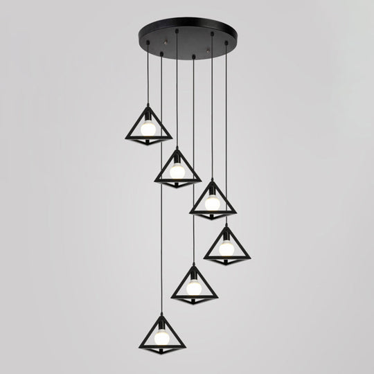 Metallic Geometric Cage Ceiling Light Fixture For Staircase Suspension 6 / Black B