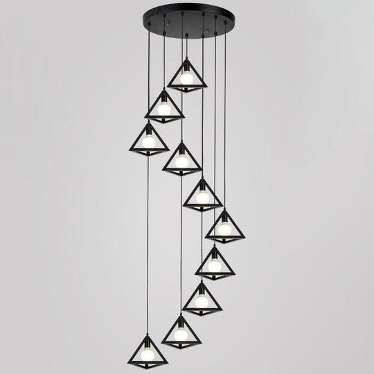 Metallic Geometric Cage Ceiling Light Fixture For Staircase Suspension 10 / Black B