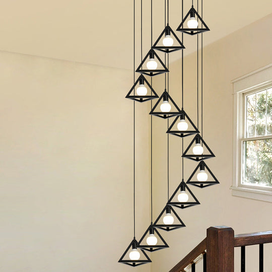 Metallic Geometric Cage Ceiling Light Fixture For Staircase Suspension 12 / Black B
