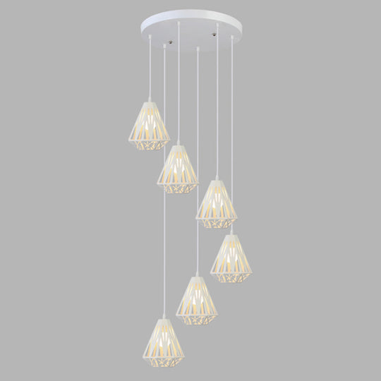 Metallic Geometric Cage Ceiling Light Fixture For Staircase Suspension 6 / White B