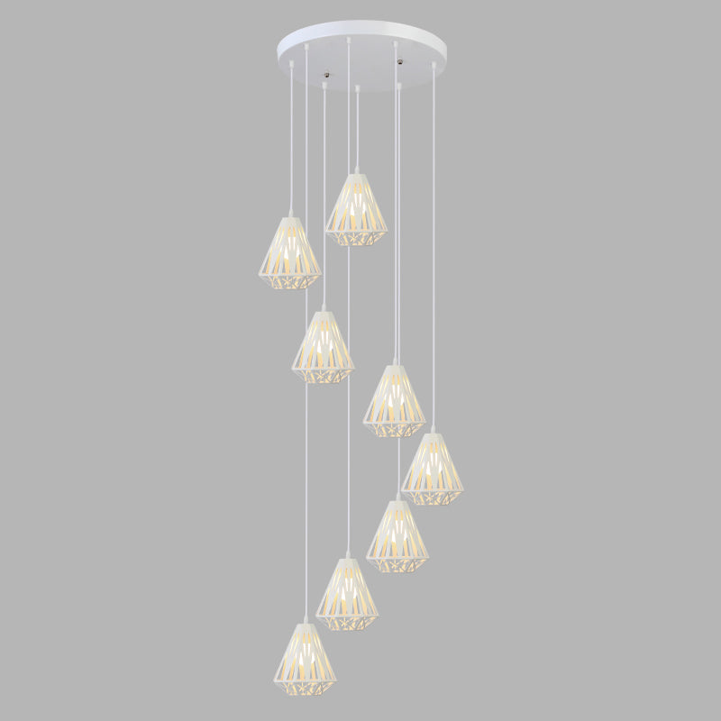 Metallic Geometric Cage Ceiling Light Fixture For Staircase Suspension 8 / White B