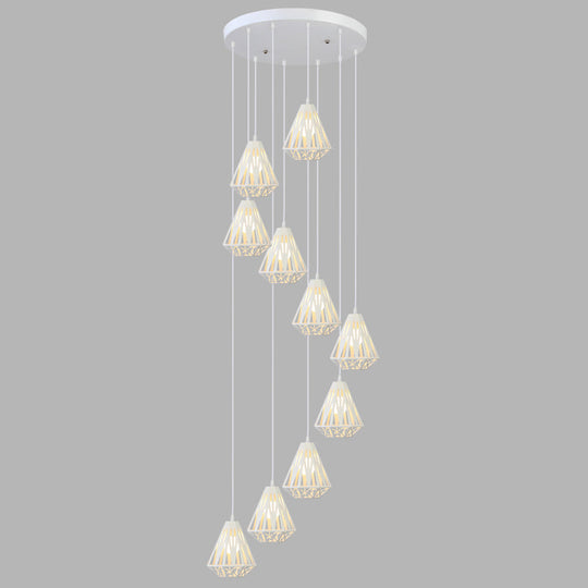 Metallic Geometric Cage Ceiling Light Fixture For Staircase Suspension 10 / White B