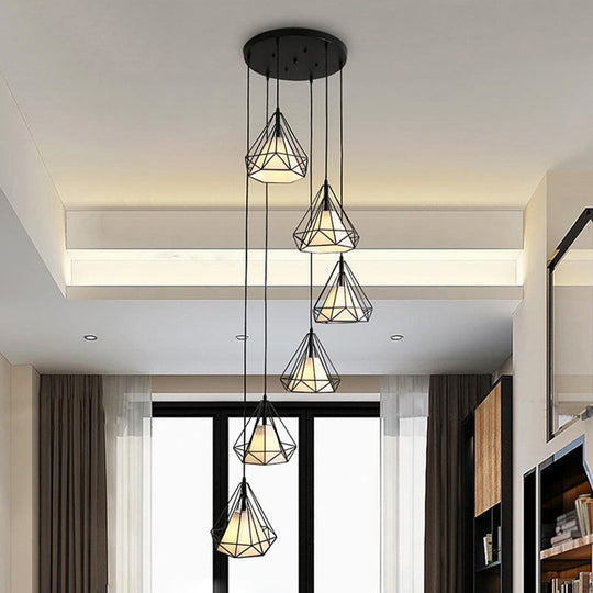 Diamond Cage Hanging Light with Metallic Staircase Design - Black Pendant with Inner Cone Shade