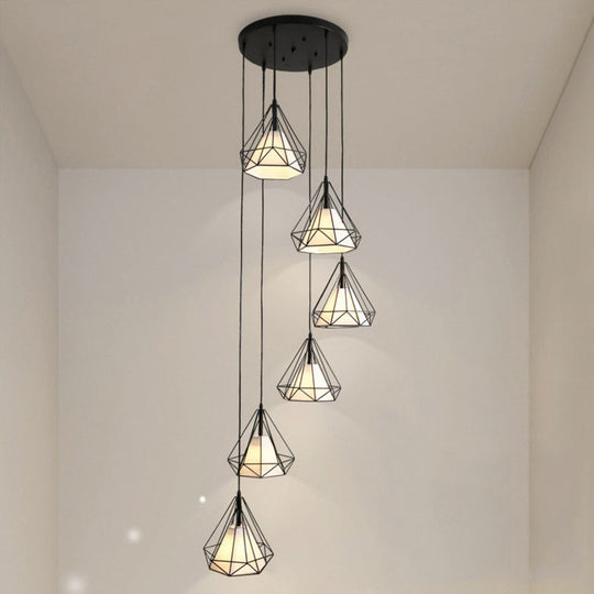 Simplicity Diamond Cage Hanging Light: Metallic Staircase Multi-Light Pendant In Black With Inner