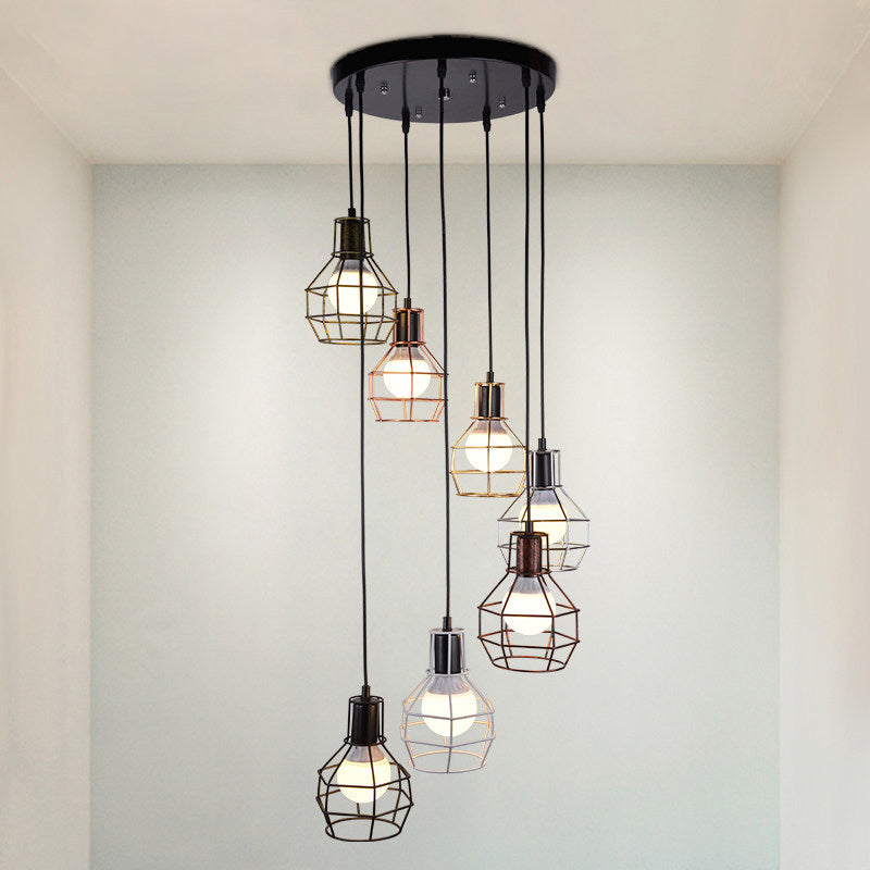 Minimalist Black Metal Grenade Cage Pendant Light for Staircase with Multiple Lights