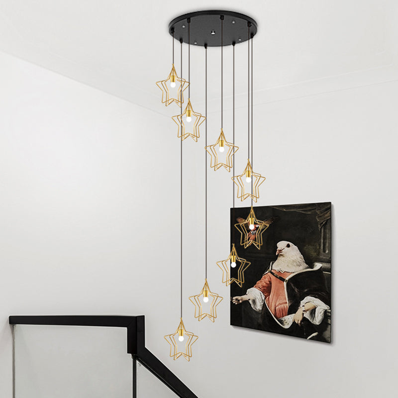 Sleek Gold Spiral Star Multi Ceiling Lamp - 8-Bulb Metallic Suspension Fixture for Entryway