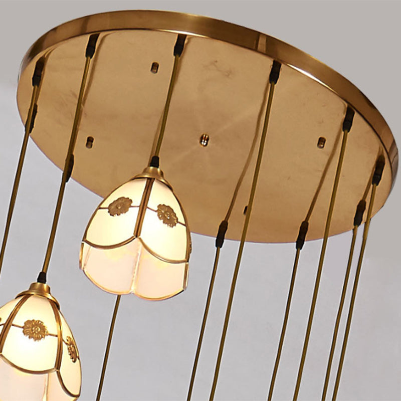 Artistic Frost Glass Scallop Bell Ceiling Light with 6-Head Brass Suspension
