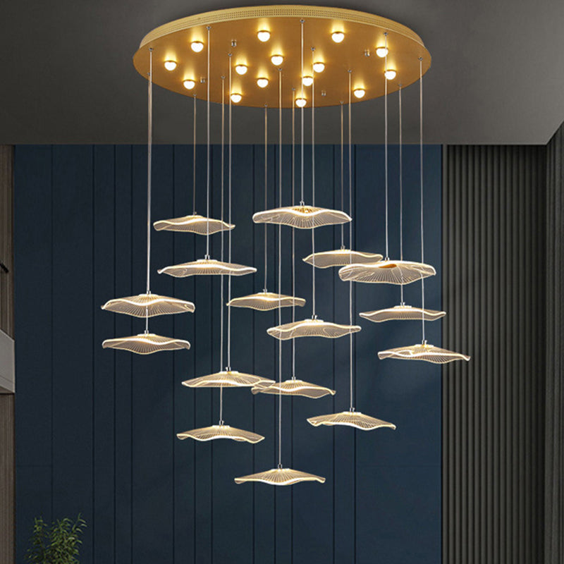 Contemporary Gold Staircase Led Pendant Light With Lotus Leaf Design 16 / Warm