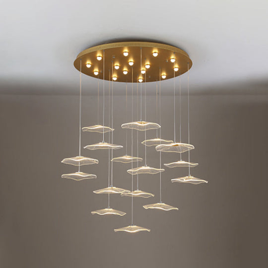 Contemporary Gold Staircase Led Pendant Light With Lotus Leaf Design