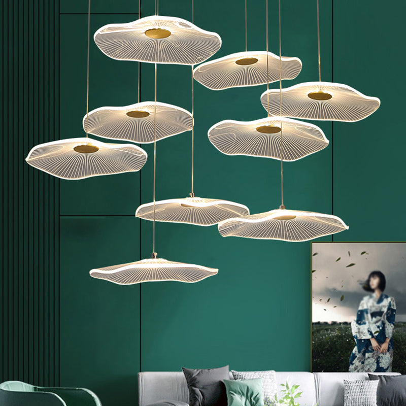 Contemporary Gold Staircase Led Pendant Light With Lotus Leaf Design