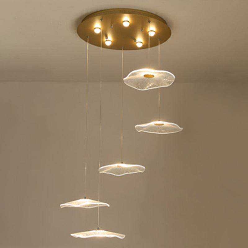 Contemporary Gold Lotus Leaf LED Staircase Light Pendant - Acrylic Multi Light
