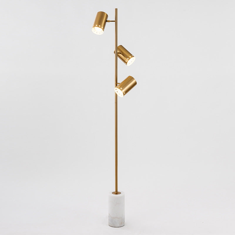 Modern Gold Floor Lamp With Marble Base - Cylindrical Metallic Stand Up Lighting