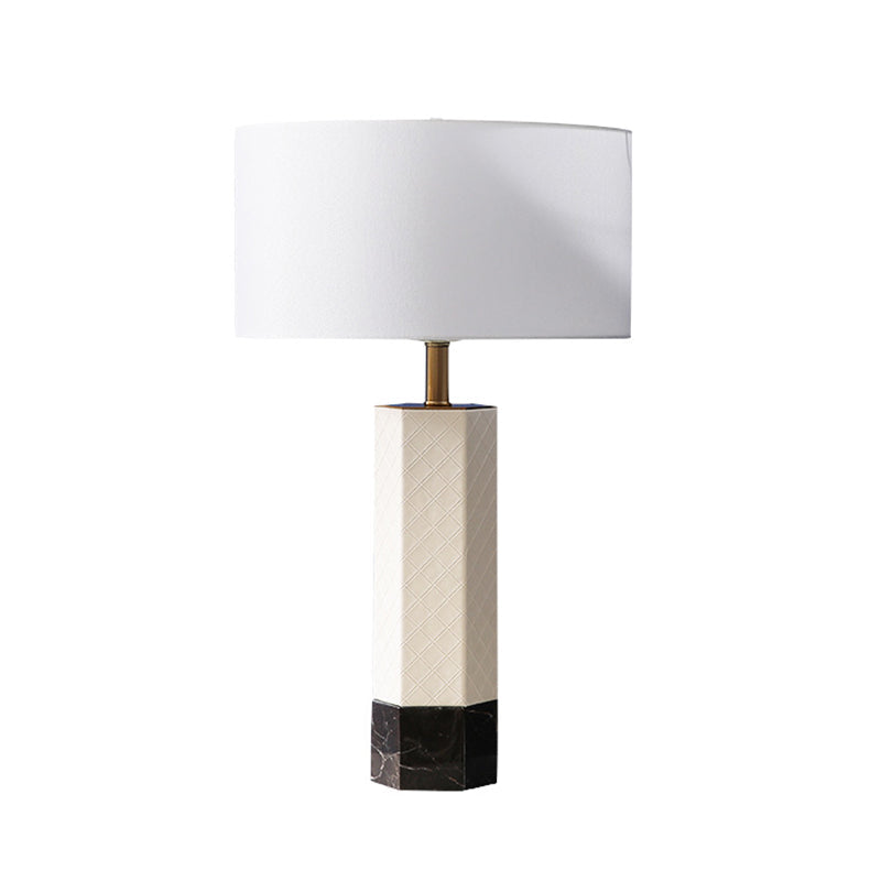 Postmodern Fabric Drum Table Lamp With Marble Base - 1-Light Nightstand Light White