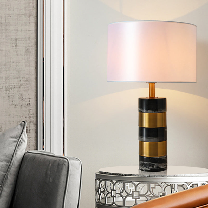 Modern Fabric Drum Lamp With Marble Base - White