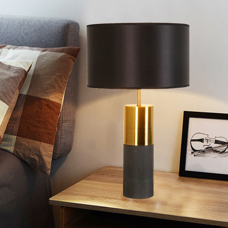 Cement Table Lamp - Minimalistic Single Nightstand Lighting With Drum Fabric Shade Black