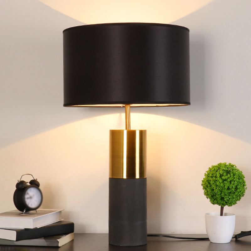 Cement Table Lamp - Minimalistic Single Nightstand Lighting With Drum Fabric Shade