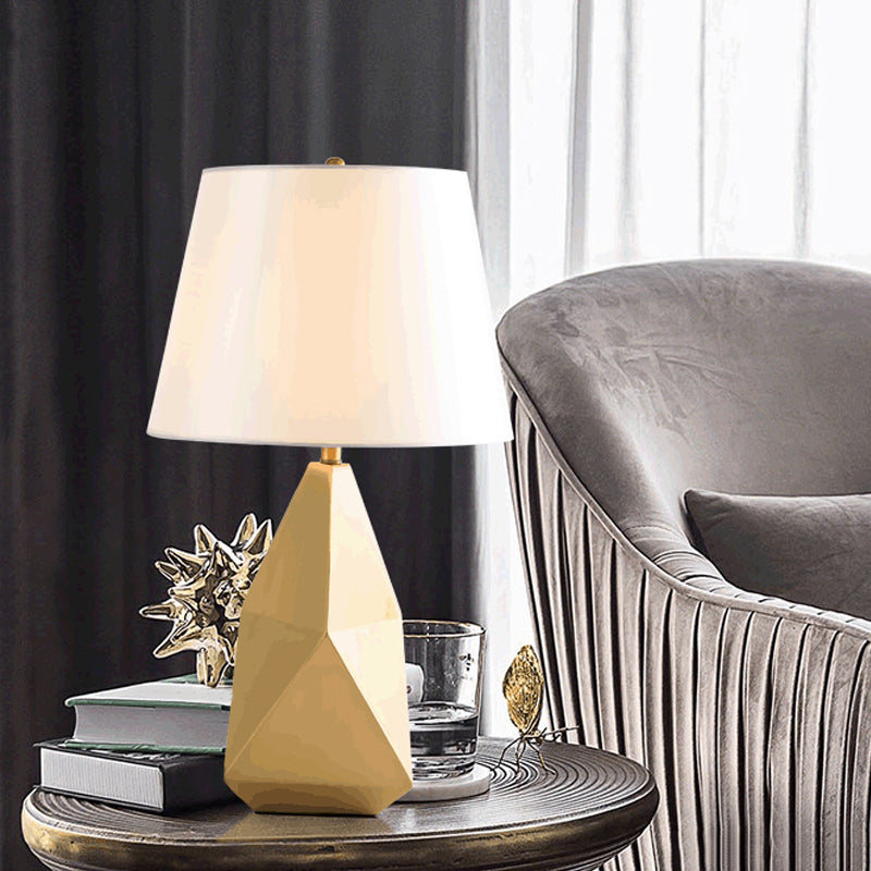 Gold Bedside Nightstand Lamp: Postmodern Table Lighting With Fabric Bucket Shade