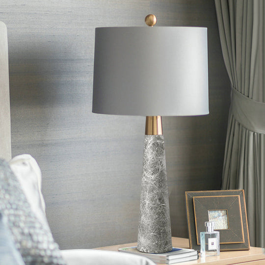 Sleek Conical Table Lamp With Marble Base - Elegant Grey Nightstand Light Drum Fabric Shade