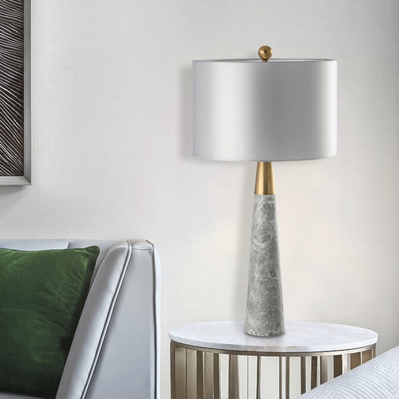 Sleek Conical Table Lamp With Marble Base - Elegant Grey Nightstand Light Drum Fabric Shade