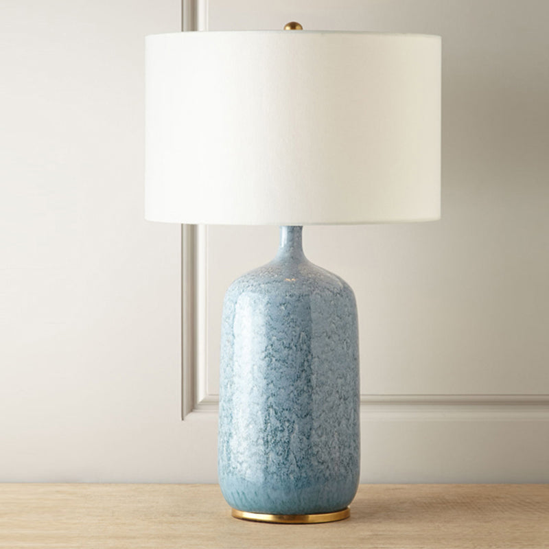 Blue Minimalistic Drum Table Light With Ceramic Base - 1 Bulb Fabric Nightstand Lighting