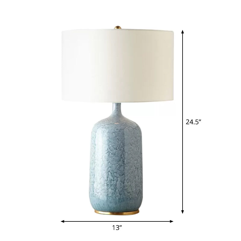 Blue Minimalistic Drum Table Light With Ceramic Base - 1 Bulb Fabric Nightstand Lighting