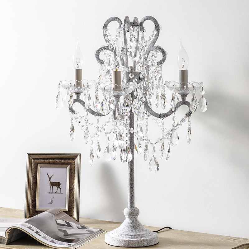 Antique Candle Nightstand Lamp - 4-Head Metallic Table Lighting With Crystal Bead Decor White