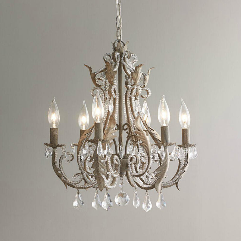 Retro 6-Head Pendant Chandelier With Crystal Beaded Arms - Metallic Candelabra Light For Living Room