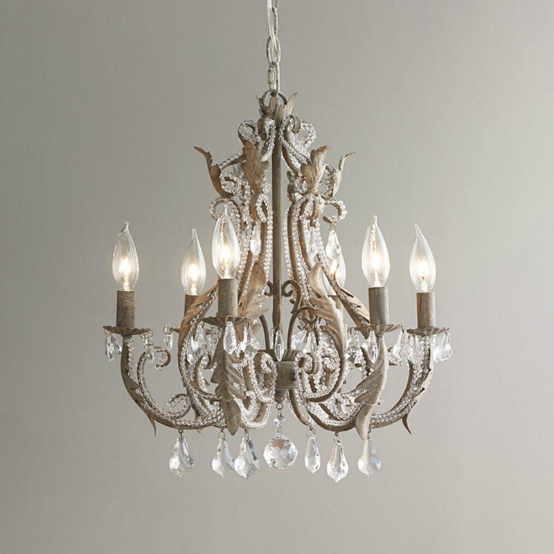 Retro Style Metallic Chandelier With Crystal Beaded Arms - 6 Bulb Suspension Light Grey