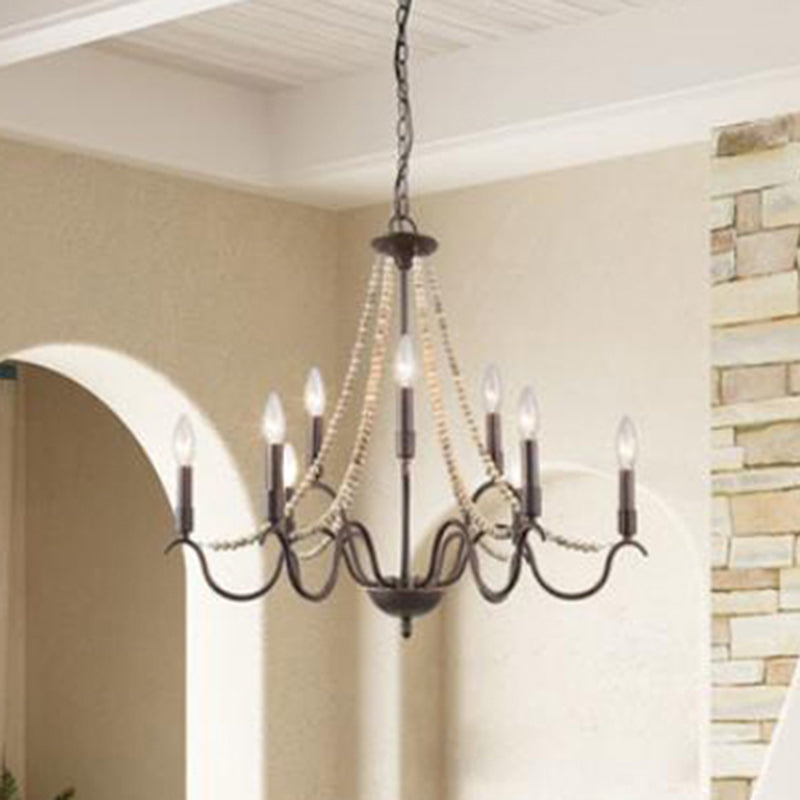 Retro Beaded Wood Chandelier With Metallic Candle - 9-Light Suspension Light In Rust