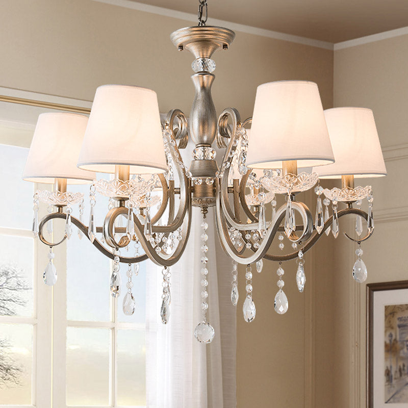 Silver Empire Shade Chandelier With Crystal Draping - Antique Pendant Light For Elegant Living Rooms