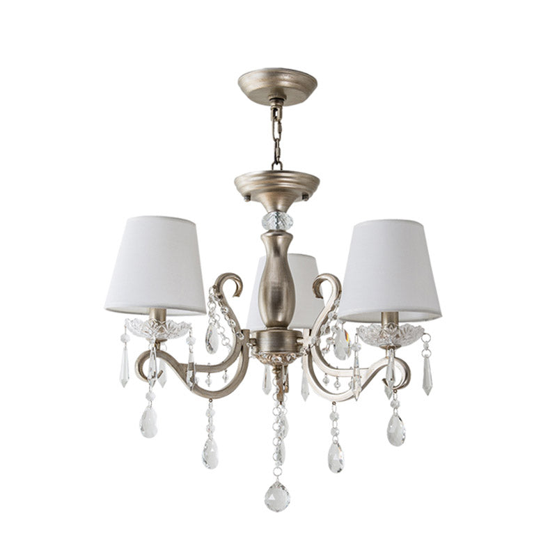 Silver Empire Shade Chandelier With Crystal Draping - Antique Pendant Light For Elegant Living Rooms