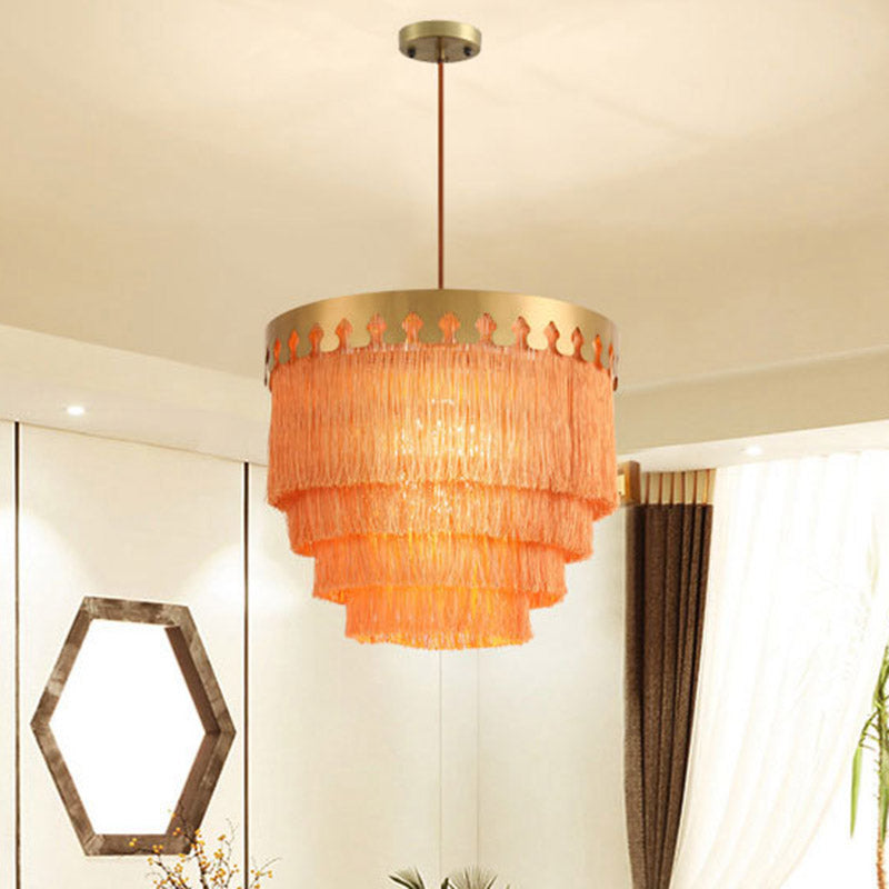 Gold Fringed Single-Bulb Living Room Pendant Light Fixture - Tiered Suspension Design