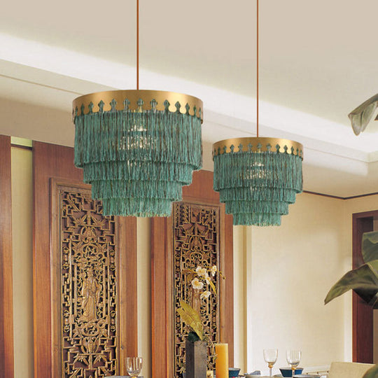 Gold Fringed Single-Bulb Living Room Pendant Light Fixture - Tiered Suspension Design / Green