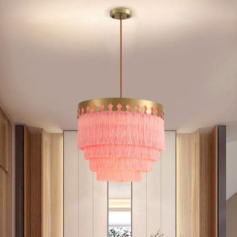 Gold Fringed Single-Bulb Living Room Pendant Light Fixture - Tiered Suspension Design