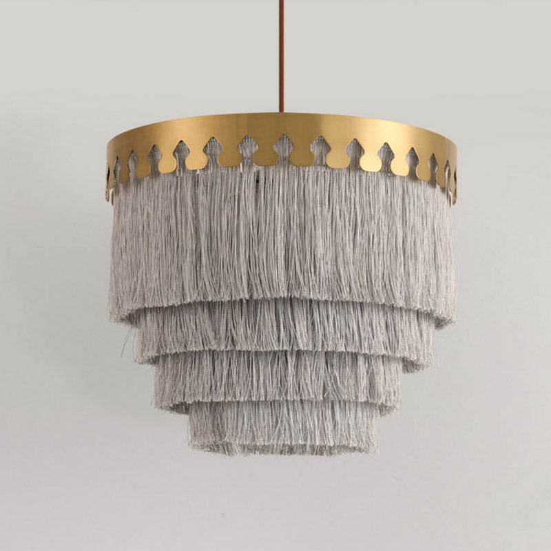 Gold Fringed Single-Bulb Living Room Pendant Light Fixture - Tiered Suspension Design / Gray