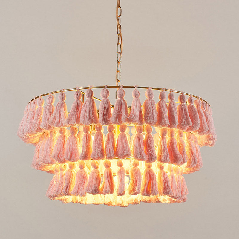 Simplicity Tiered Round Tassel Pendant Ceiling Light For Living Room - Sleek Suspended Lighting Pink